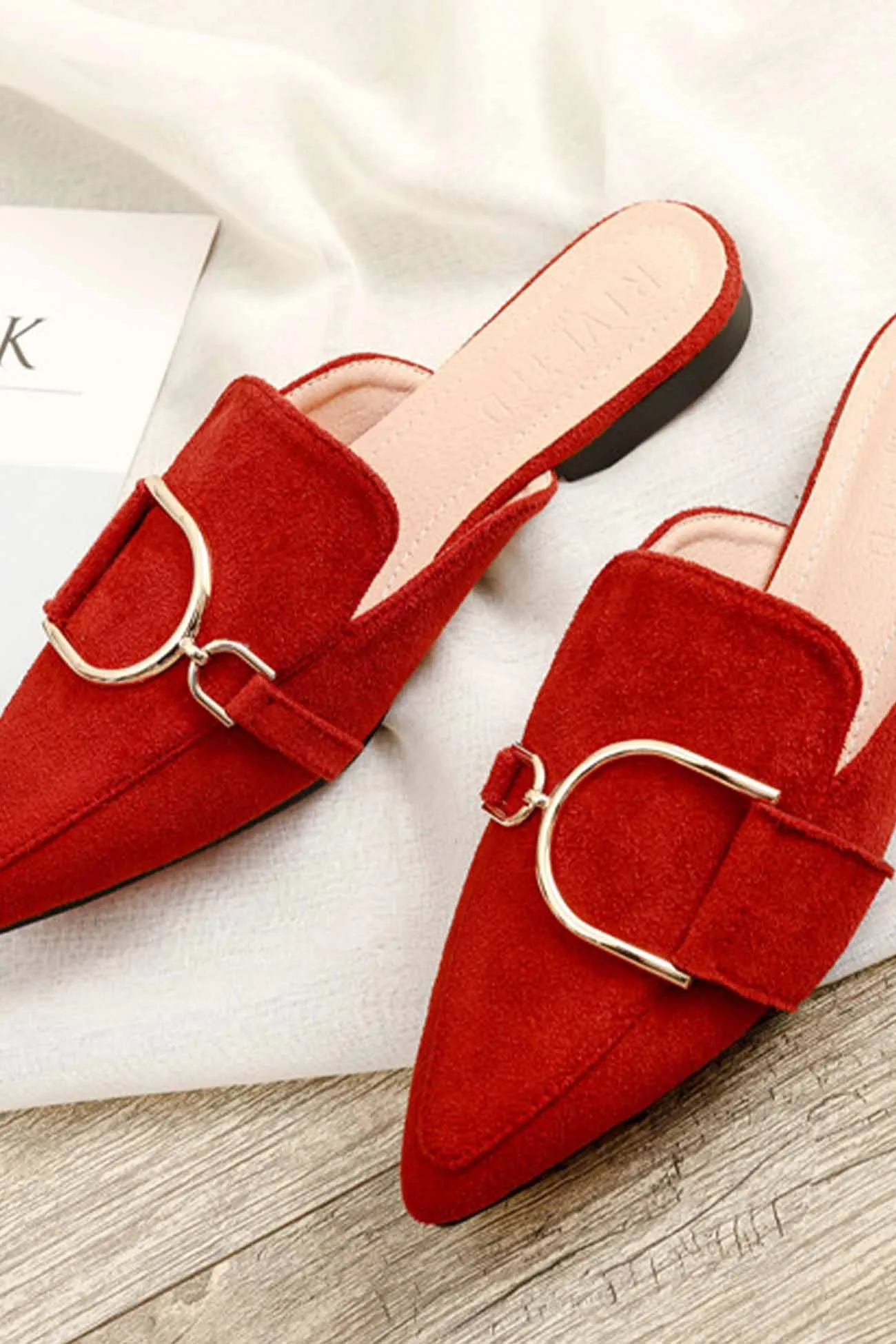 Amozae-Suede Pointed Metal Buckle Mule Slides