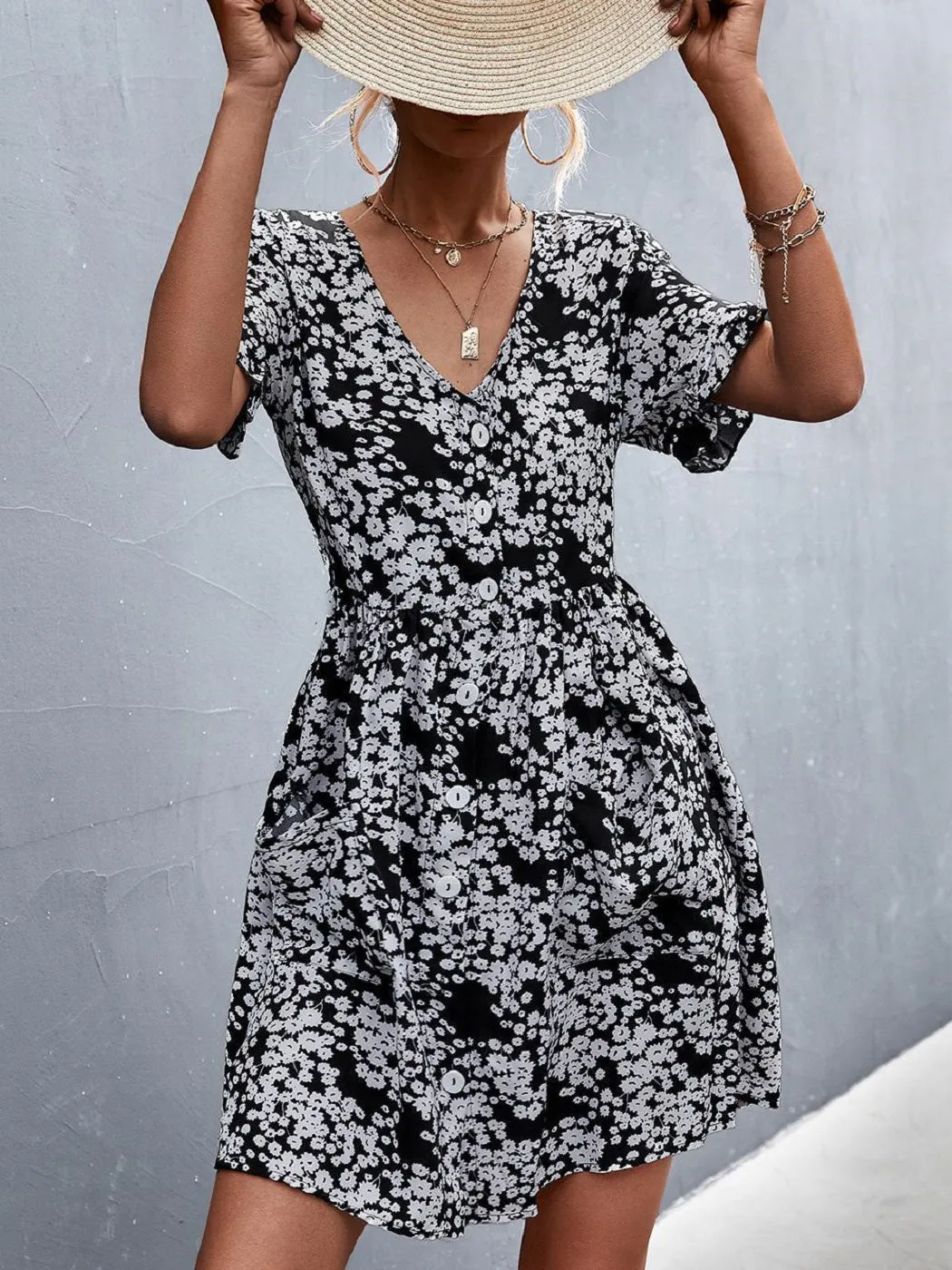 Floral Button Down Pocket Dress