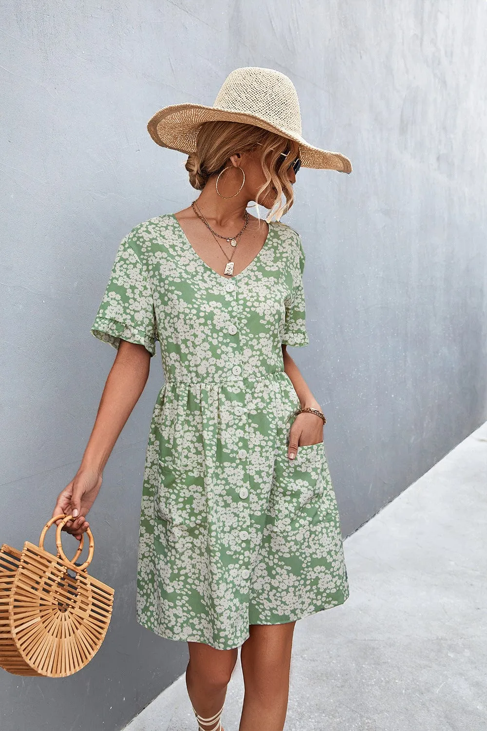 Floral Button Down Pocket Dress