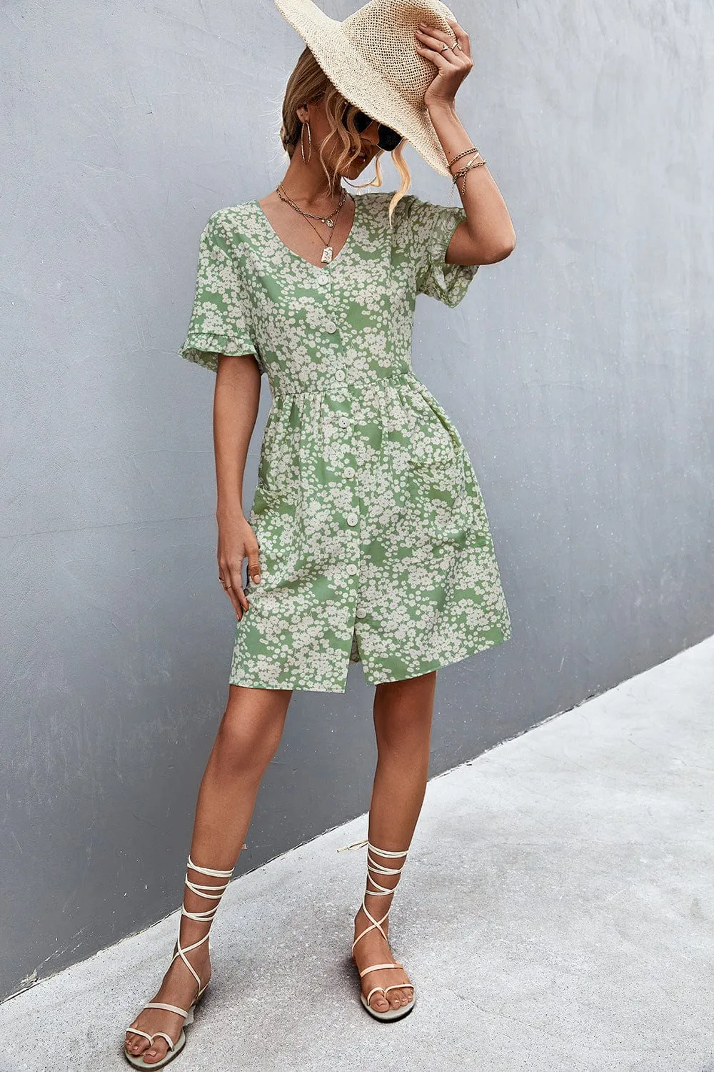 Floral Button Down Pocket Dress