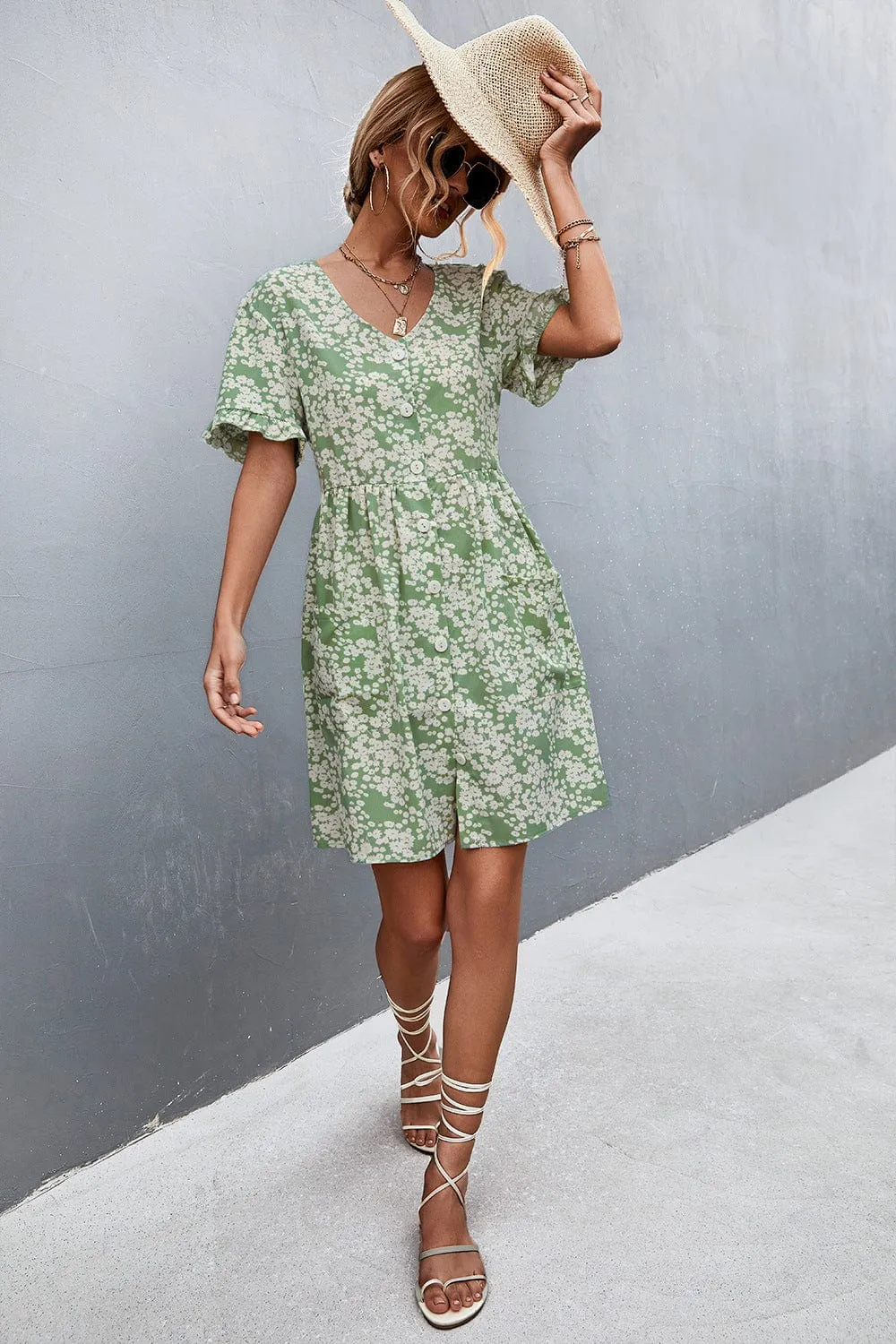 Floral Button Down Pocket Dress