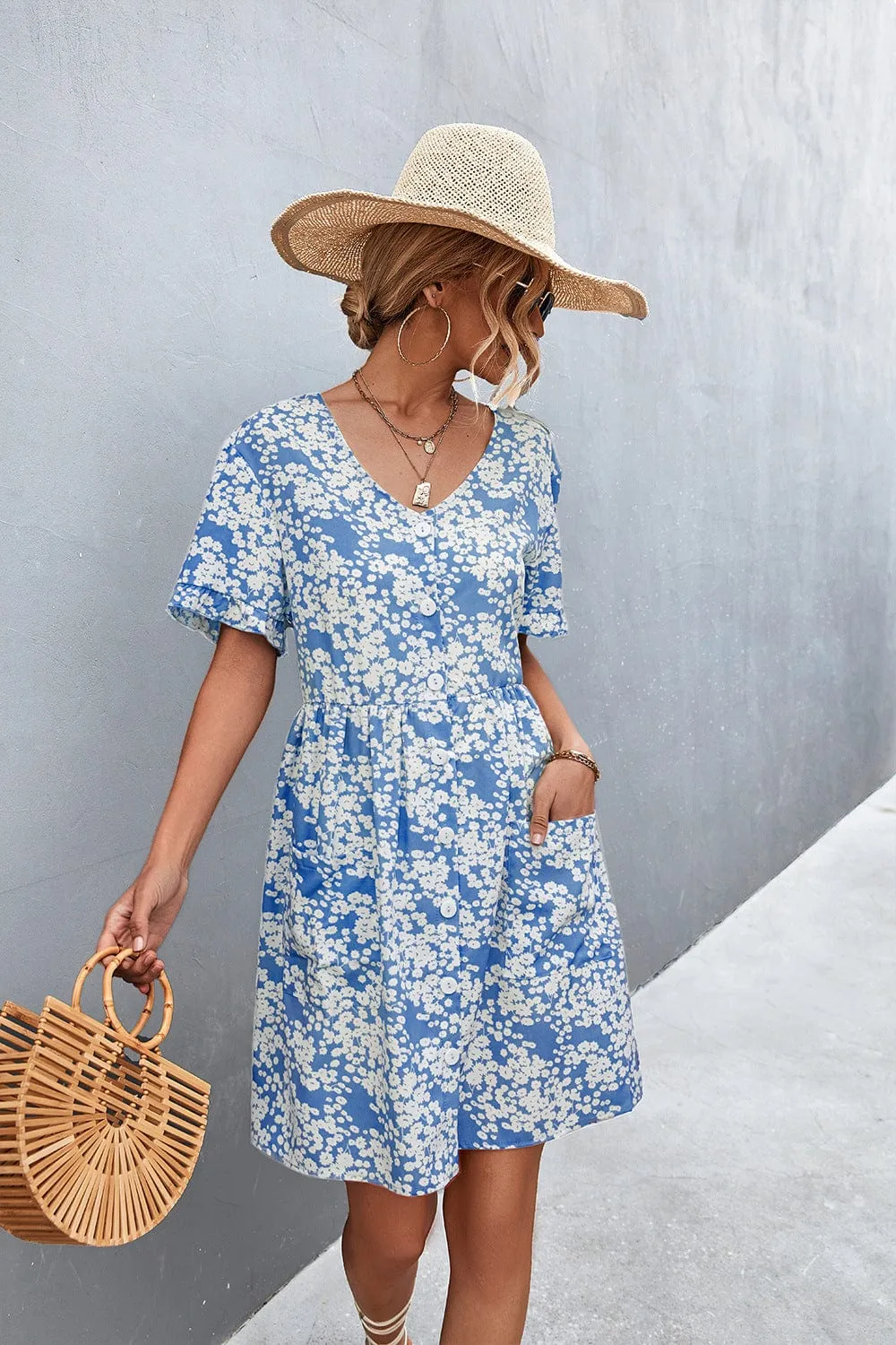 Floral Button Down Pocket Dress