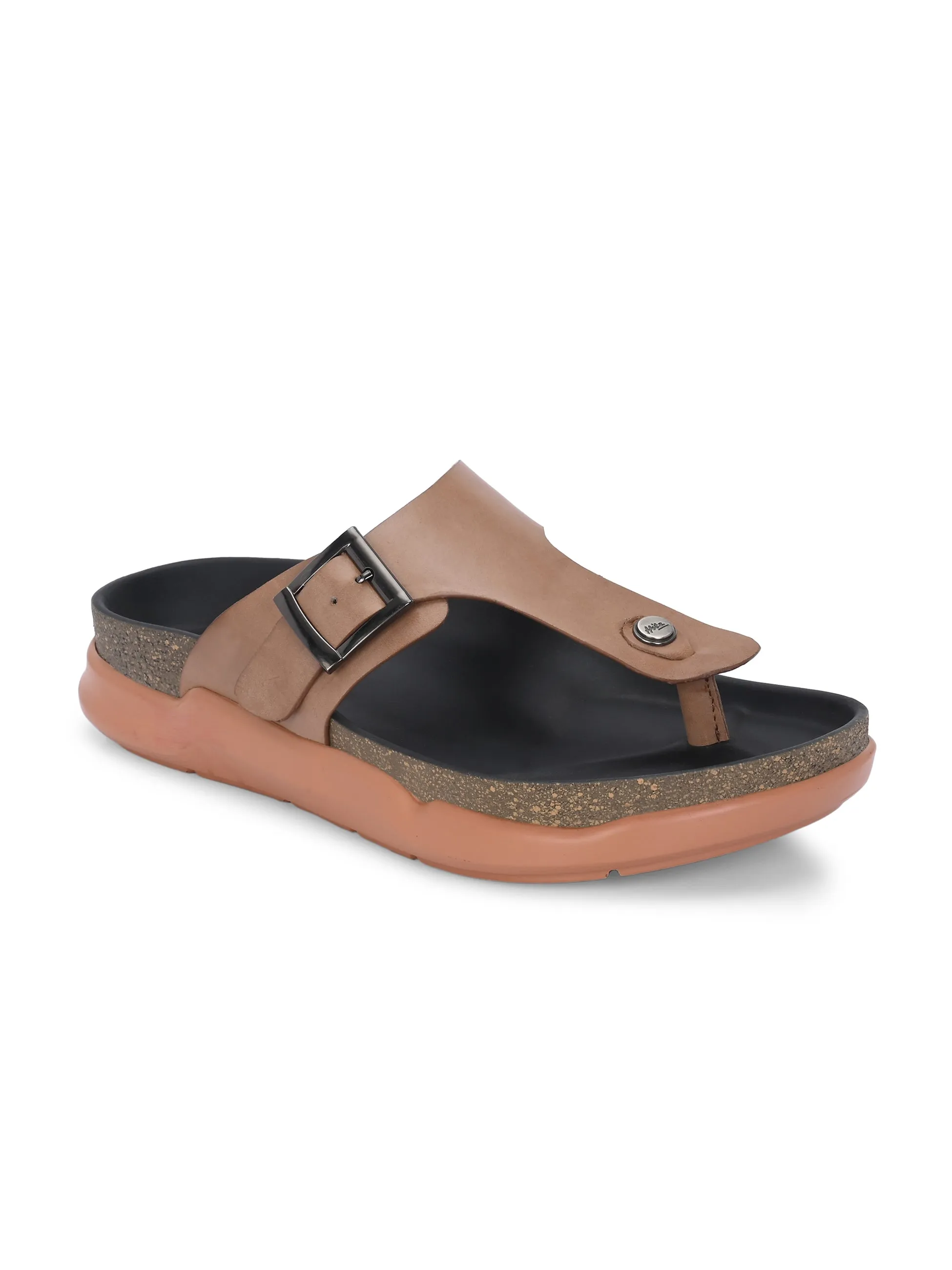 Hitz Men's Tan Leather Daily Wear Buckle Slipper