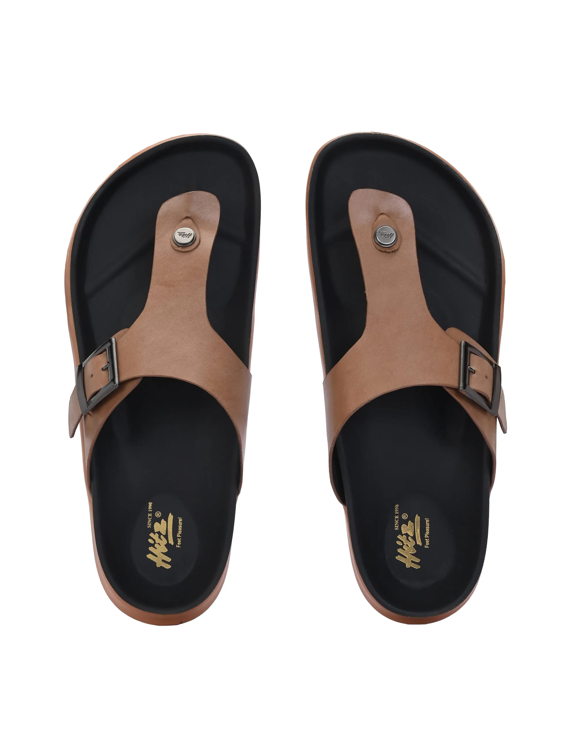 Hitz Men's Tan Leather Daily Wear Buckle Slipper