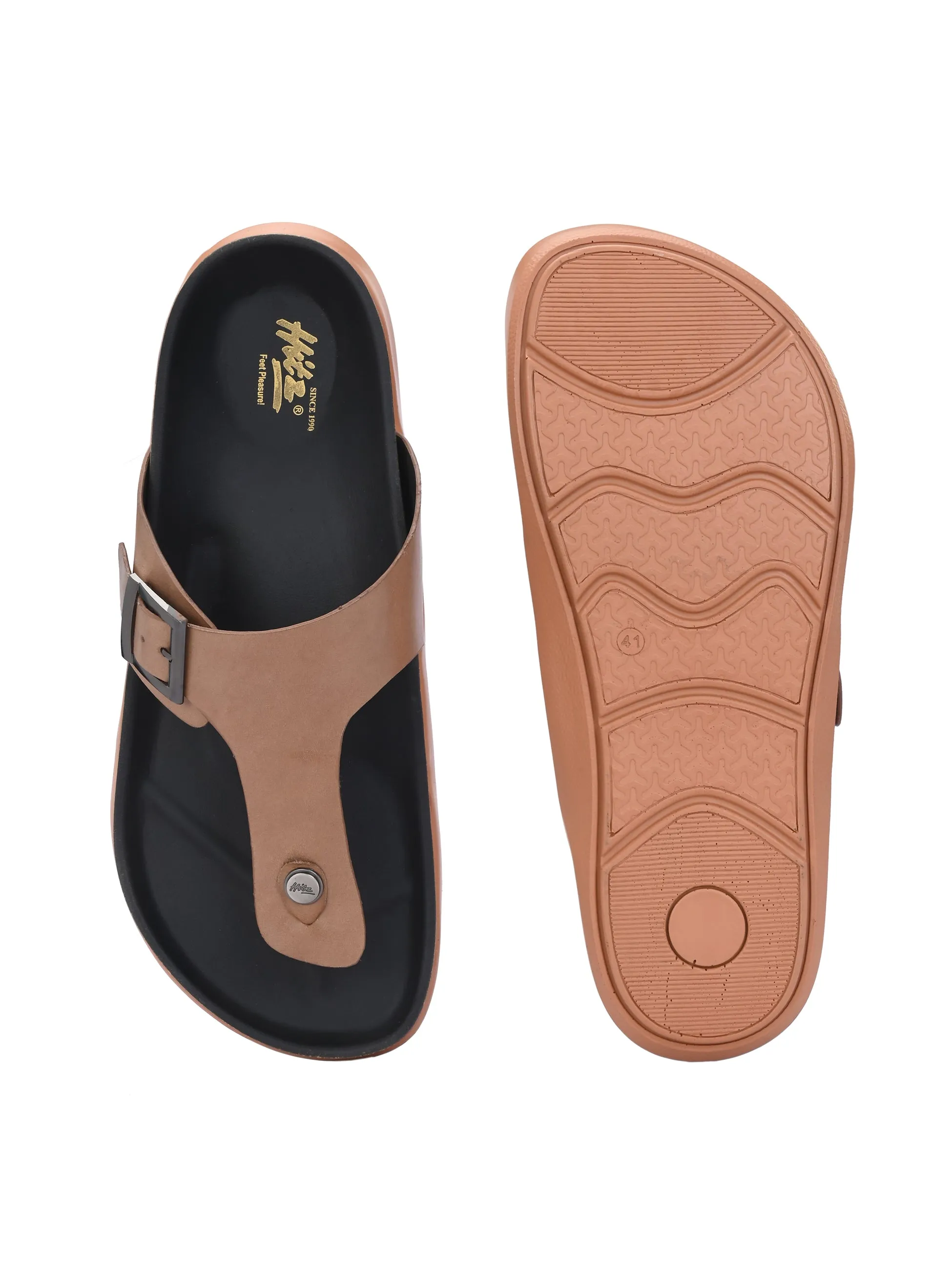Hitz Men's Tan Leather Daily Wear Buckle Slipper