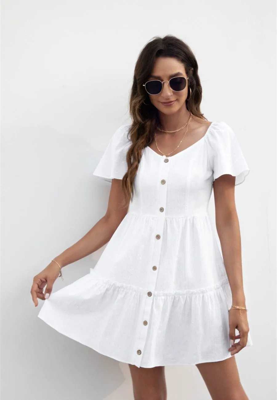 Solid Button Down Tiered Dress