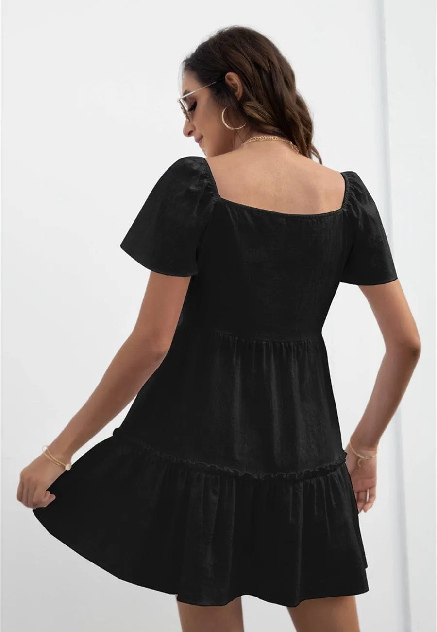 Solid Button Down Tiered Dress