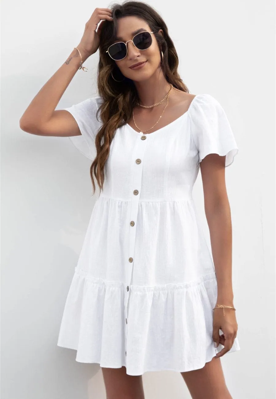 Solid Button Down Tiered Dress