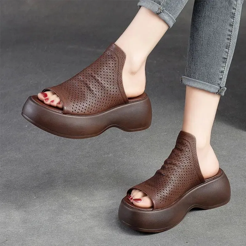 Womens Breathable Hollow-Out Leather Slippers