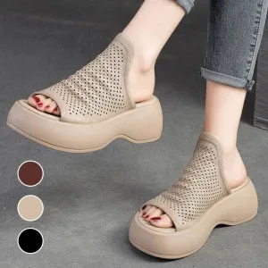 Womens Breathable Hollow-Out Leather Slippers