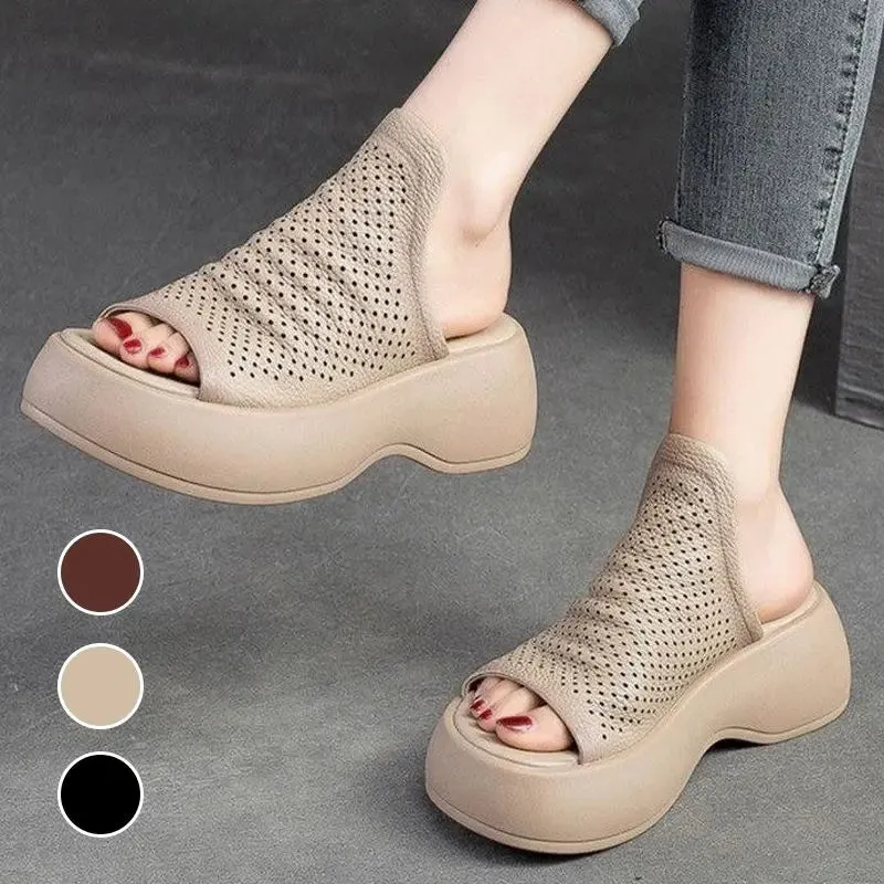 Womens Breathable Hollow-Out Leather Slippers