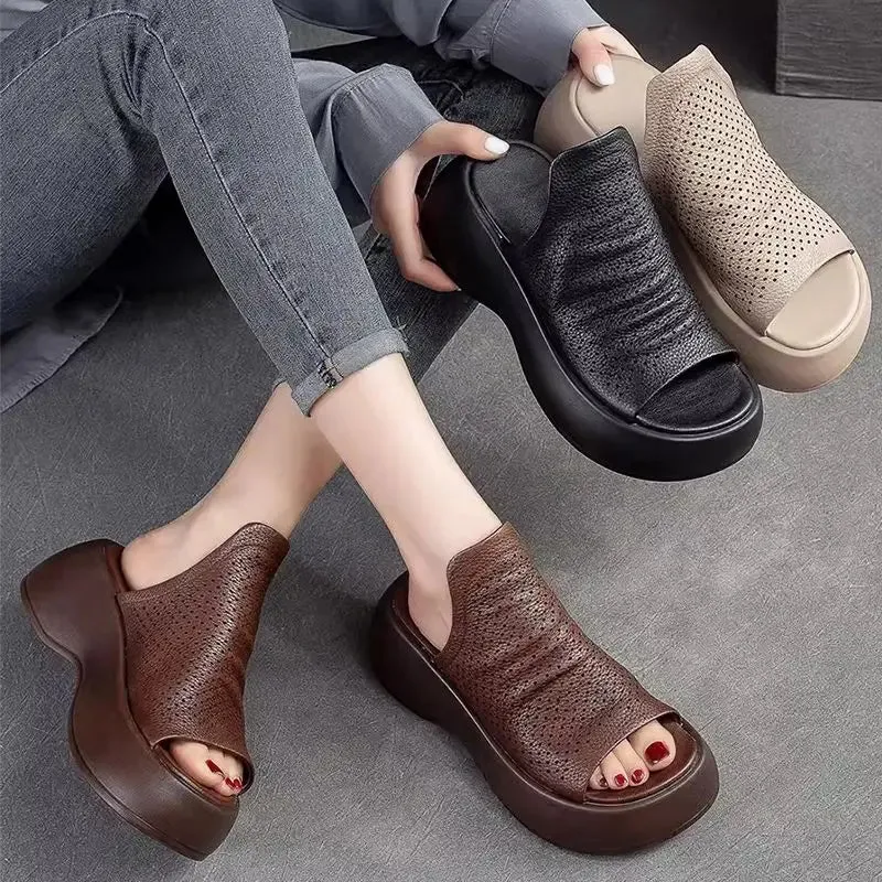 Womens Breathable Hollow-Out Leather Slippers