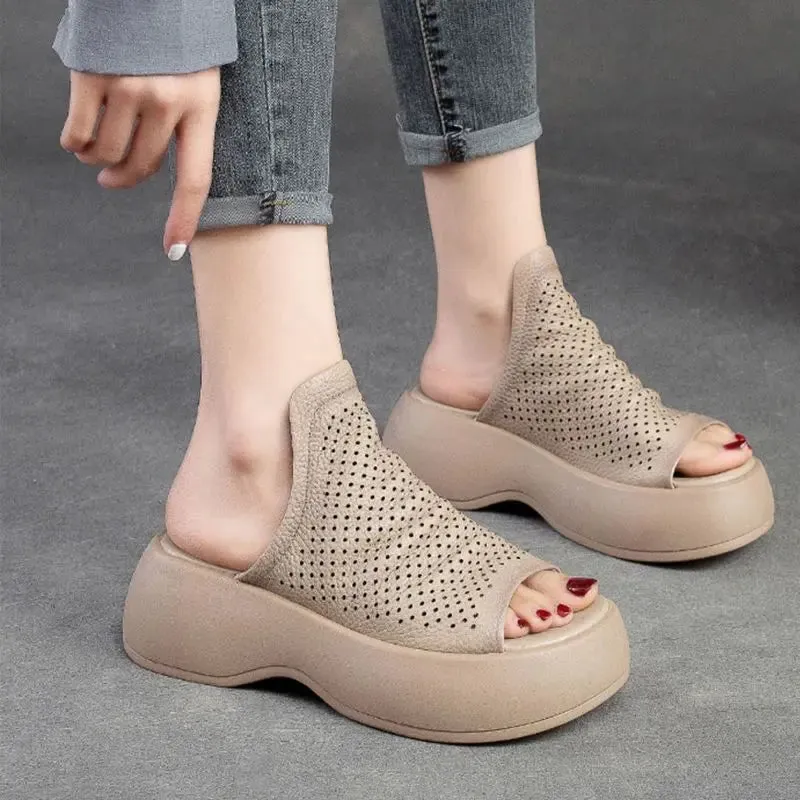 Womens Breathable Hollow-Out Leather Slippers