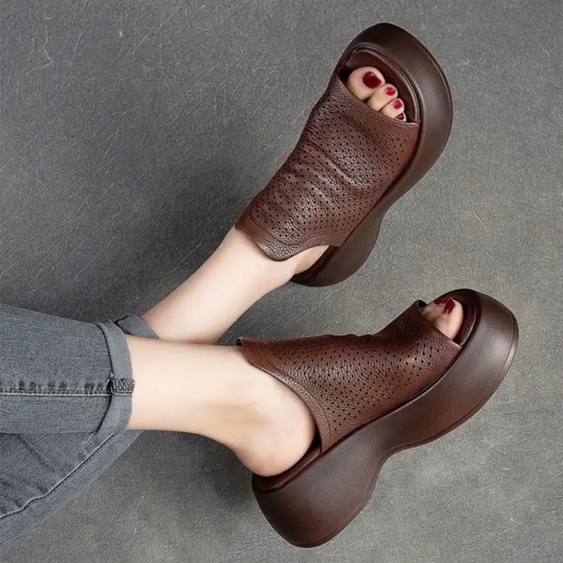 Womens Breathable Hollow-Out Leather Slippers