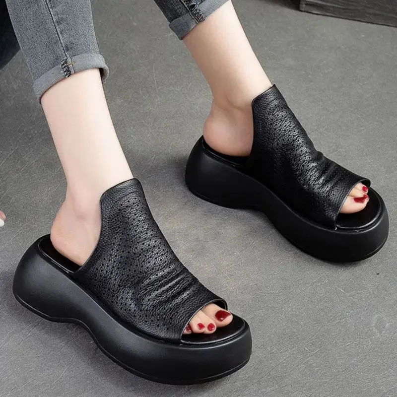 Womens Breathable Hollow-Out Leather Slippers