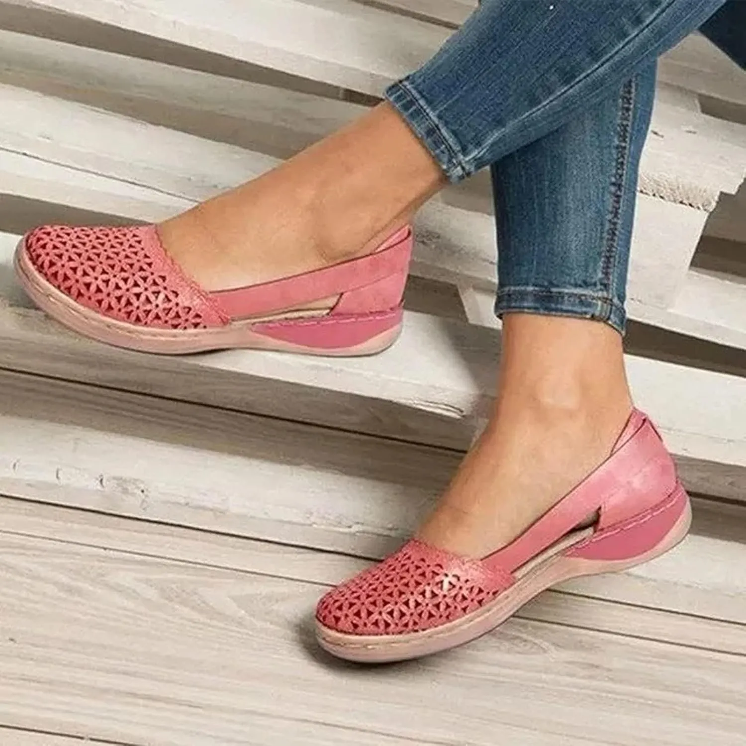 Womens Sandals Closed Toe Slip on Flats Hollow Orthopedic Soft Comfortable Summer Round Toe Low Heels Arch Support Outdoor Walking Fashion Shoes Side Empty Sandals