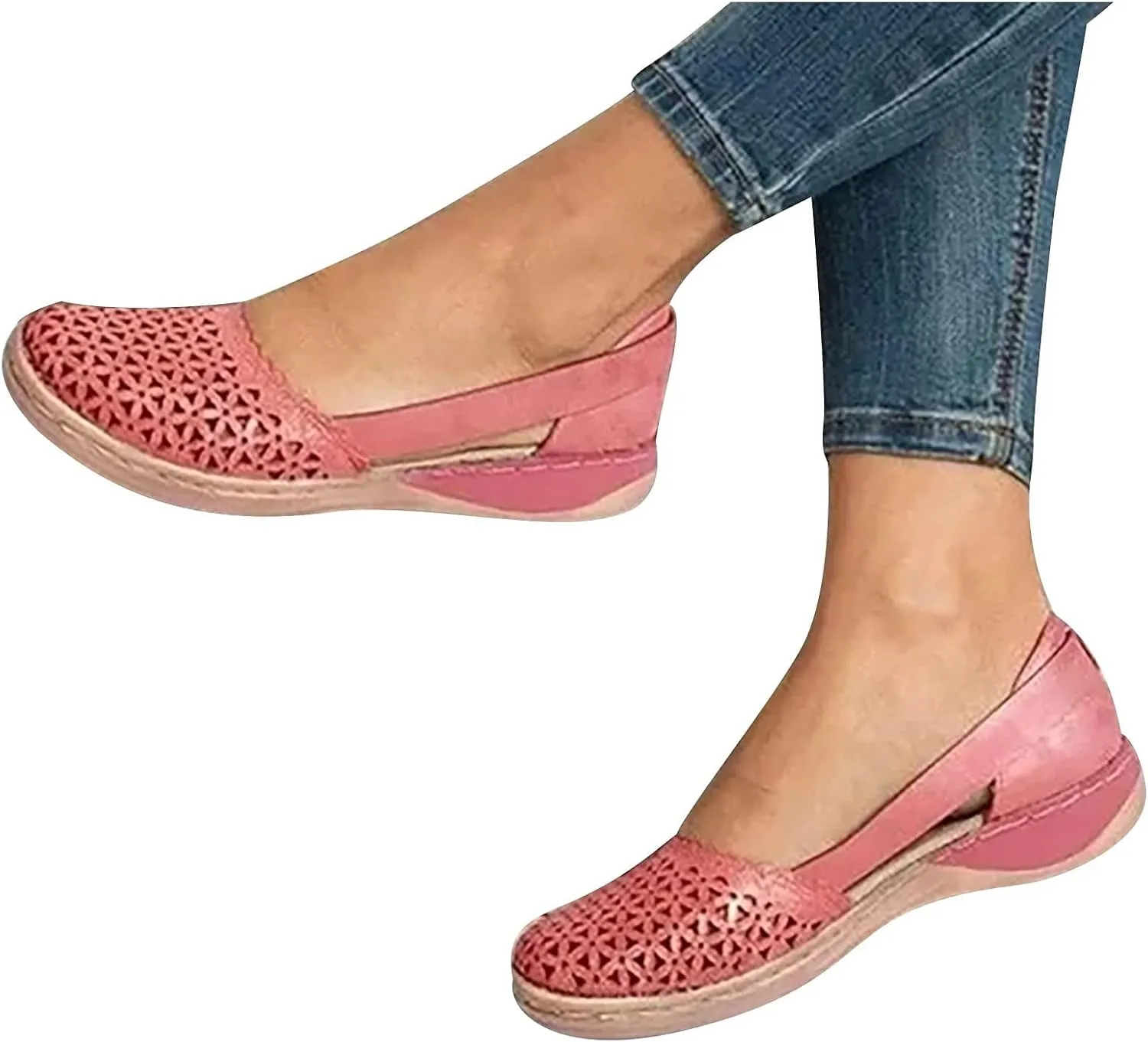 Womens Sandals Closed Toe Slip on Flats Hollow Orthopedic Soft Comfortable Summer Round Toe Low Heels Arch Support Outdoor Walking Fashion Shoes Side Empty Sandals
